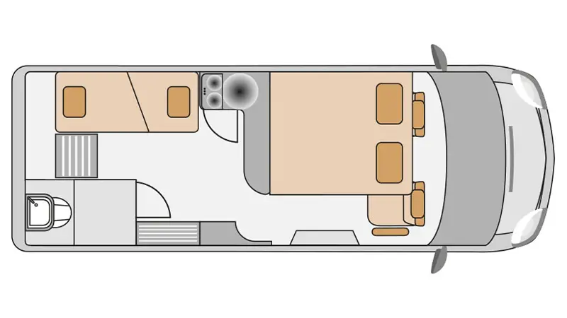 Grundriss des Kastenwagen Wohnmobil Affinity FIVE in der Nacht mit aufgebauten Betten